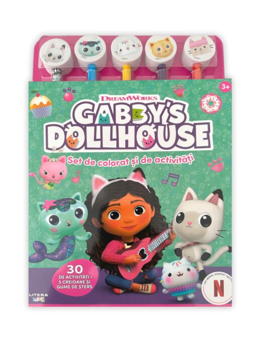 Gabby’s Dollhouse. Set de colorat si de activitati. 30 de activitati + 5 creioane si gume de sters